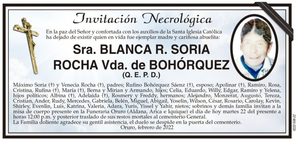 Sra. Blanca R. Soria Rocha, invitación necrológica