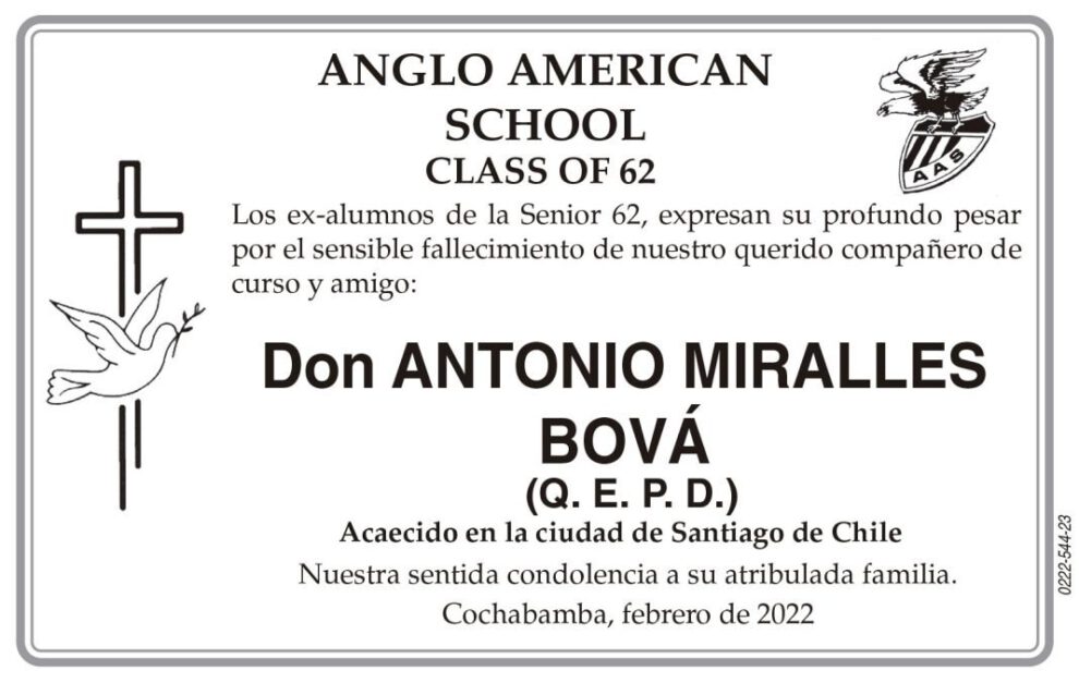 Condolencias por el fallecimiento de Antonio Miralles Bová