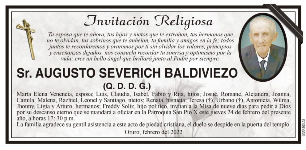 Invitación Religiosa para Augusto Severich Baldiviezo