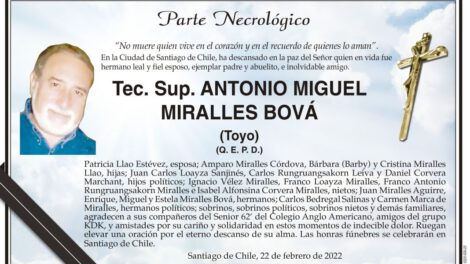 Parte Necrológico de Antonio Miguel Miralles Bová