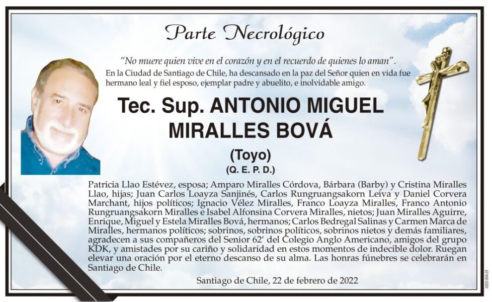 Parte Necrológico de Antonio Miguel Miralles Bová