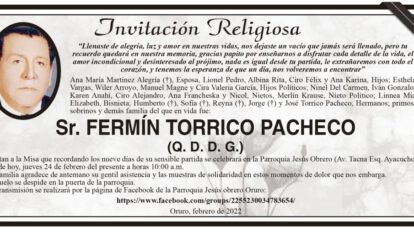 Invitación Religiosa para Fermín Torrico Pacheco