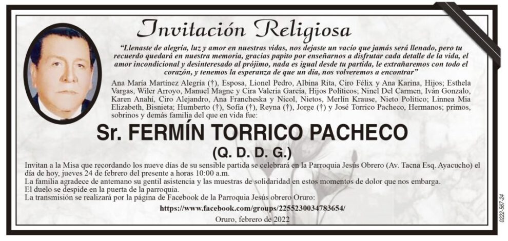Invitación Religiosa para Fermín Torrico Pacheco