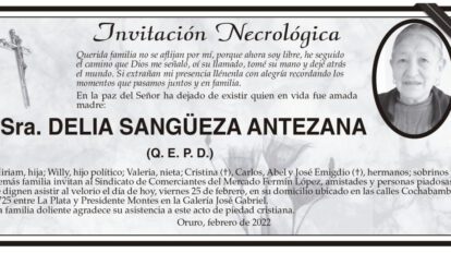 Invitación Necrológica de Delia Sangüeza Antezana
