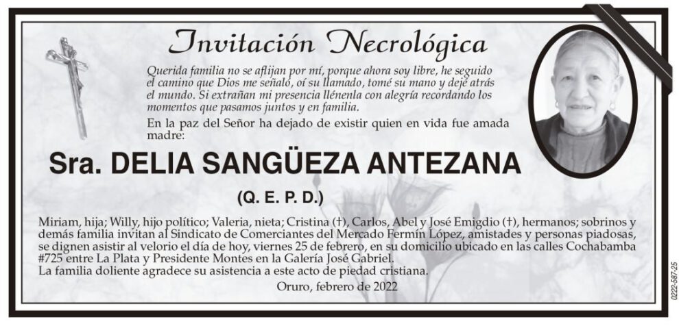 Invitación Necrológica de Delia Sangüeza Antezana