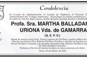 Condolencia por la Profa. Sra. Martha Balladares Uriona