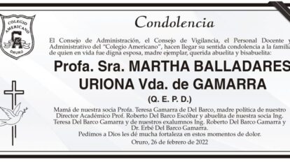 Condolencia por la Profa. Sra. Martha Balladares Uriona