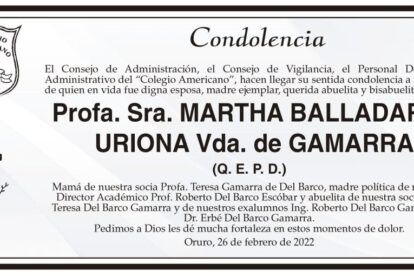 Condolencia por la Profa. Sra. Martha Balladares Uriona