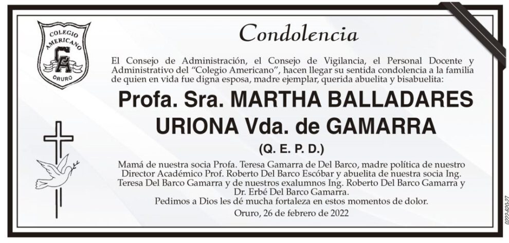 Condolencia por la Profa. Sra. Martha Balladares Uriona