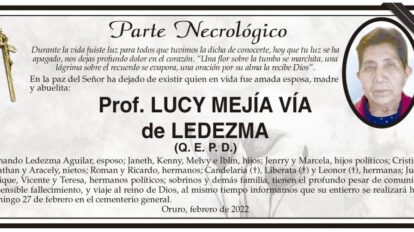 Parte Necrológico de Prof. Lucy Mejía VÍa de Ledezma