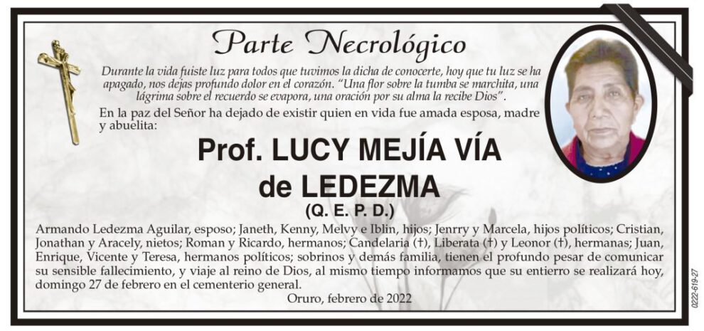 Parte Necrológico de Prof. Lucy Mejía VÍa de Ledezma