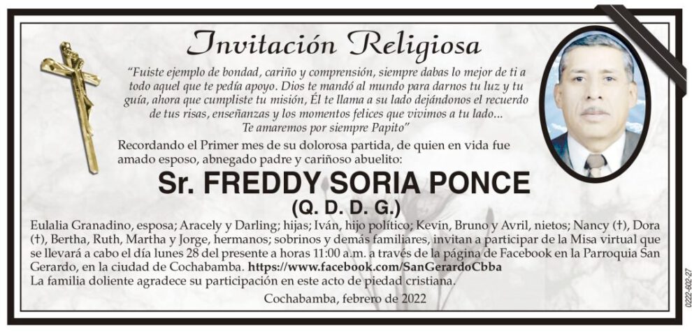 Invitación Religiosa para Freddy Soria Ponce