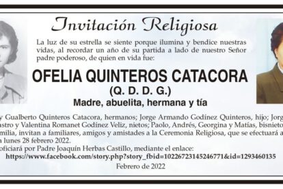Invitación Religiosa: Ofelia Quinteros Catacora