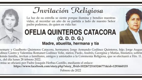 Invitación Religiosa: Ofelia Quinteros Catacora