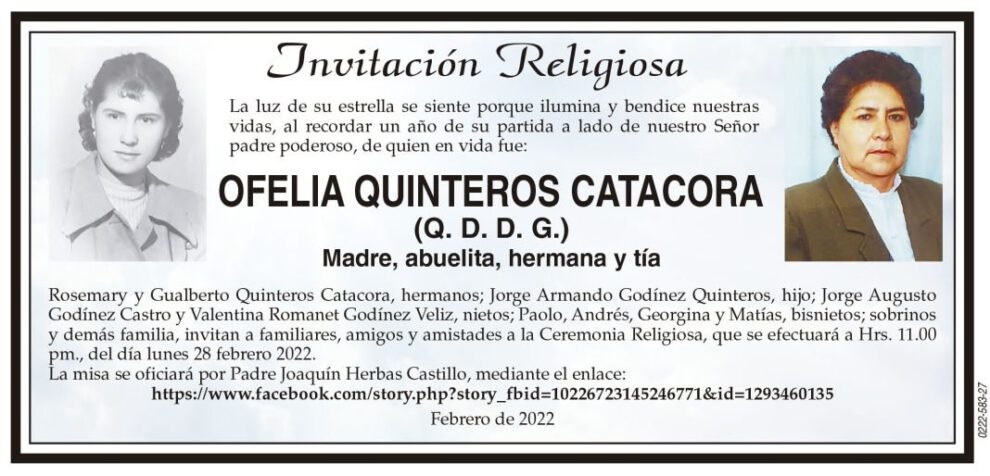 Invitación Religiosa: Ofelia Quinteros Catacora