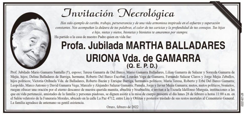 Profa. Jubilada Martha Balladares Uriona, invitación necrológica