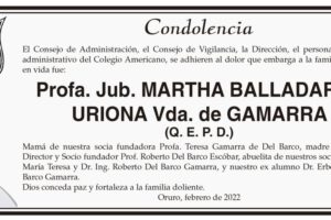 Condolencia por la Profa. Jub. Martha Balladares Uriona