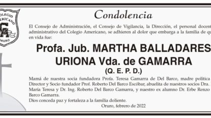 Condolencia por la Profa. Jub. Martha Balladares Uriona