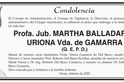 Condolencia por la Profa. Jub. Martha Balladares Uriona