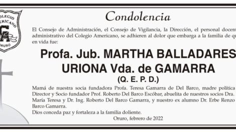 Condolencia por la Profa. Jub. Martha Balladares Uriona