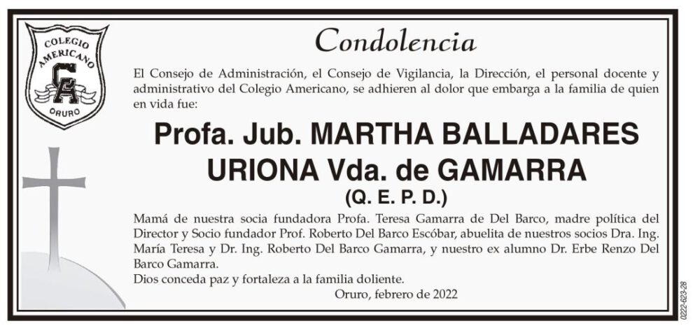 Condolencia por la Profa. Jub. Martha Balladares Uriona