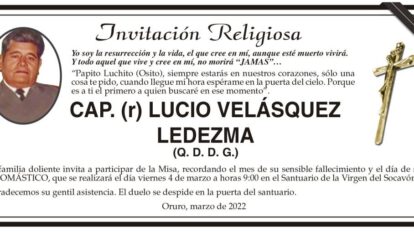Invitación Religiosa para Lucio Velásquez Ledezma
