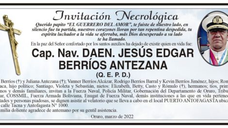 Invitación Necrológica: Cap. Nav. DAEN. JESÚS EDGAR BERRÍOS ANTEZANA
