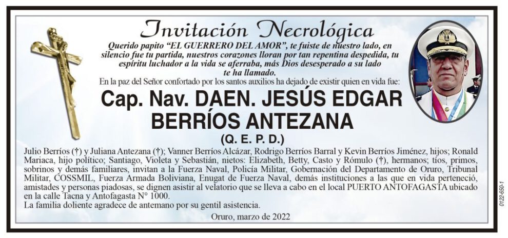 Invitación Necrológica: Cap. Nav. DAEN. JESÚS EDGAR BERRÍOS ANTEZANA