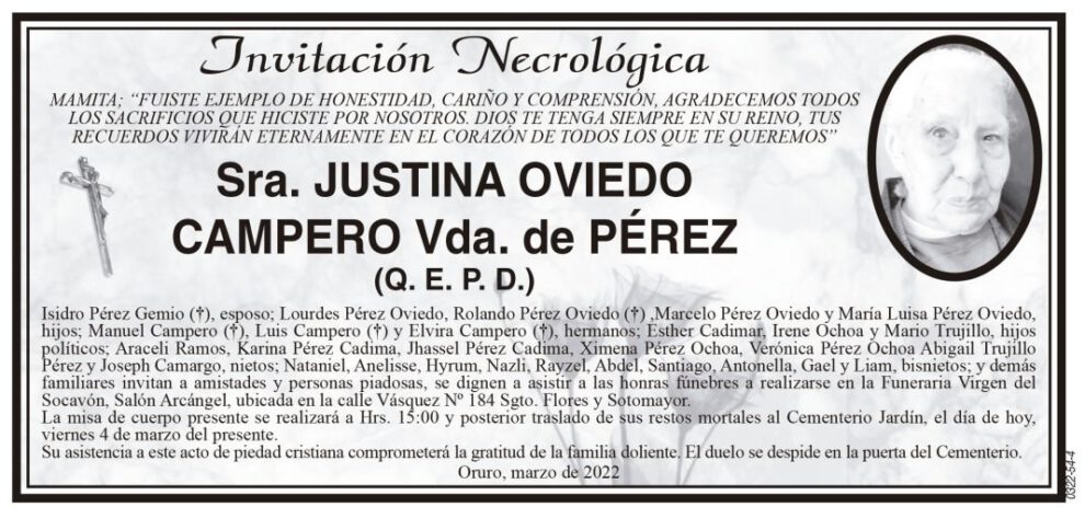 Invitación Necrológica de Justina Oviedo Campero