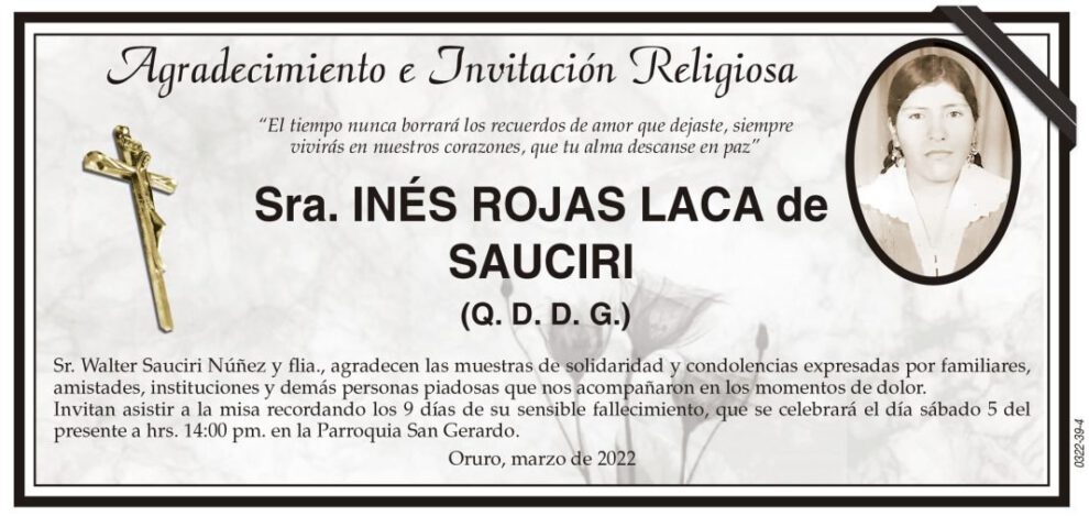 Agradecimiento e Invitación Religiosa por Inés Rojas Laca