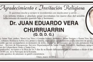 Agradecimiento e Invitación Religiosa: Dr. Juan Eduardo Vera Churruarrin