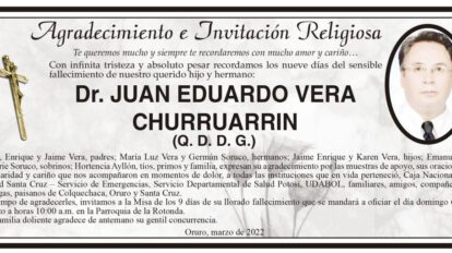 Agradecimiento e Invitación Religiosa: Dr. Juan Eduardo Vera Churruarrin