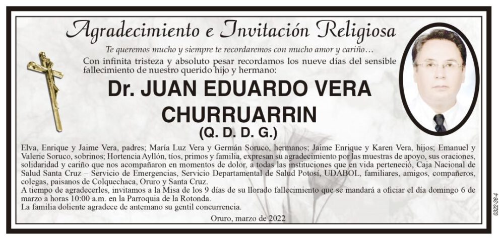 Agradecimiento e Invitación Religiosa: Dr. Juan Eduardo Vera Churruarrin