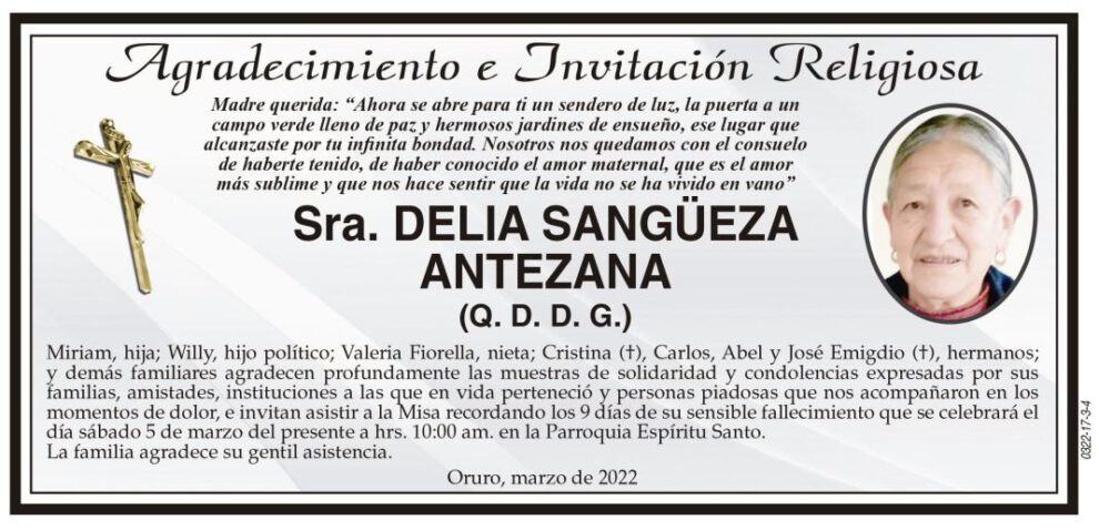 Agradecimiento e Invitación Religiosa por Delia Sangüeza Antezana