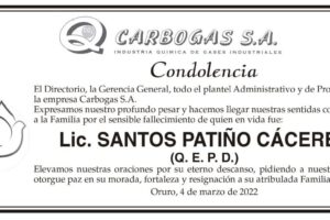 Condolencia por el fallecimiento de Lic. Santos Patiño Cáceres