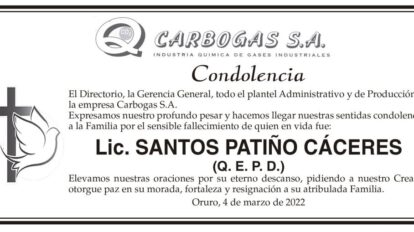 Condolencia por el fallecimiento de Lic. Santos Patiño Cáceres