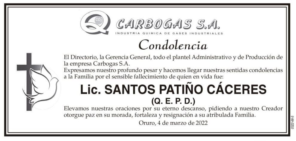 Condolencia por el fallecimiento de Lic. Santos Patiño Cáceres