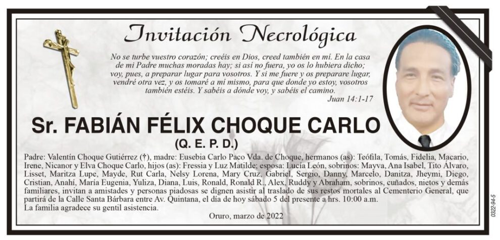 Invitación Necrológica de Fabián Félix Choque Carlo