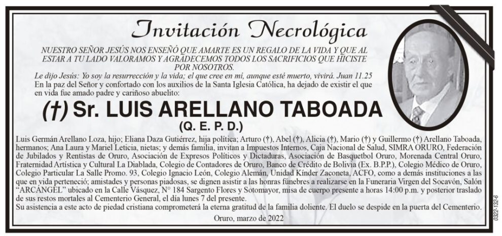 Invitación Necrológica para Luis Arellano Taboada