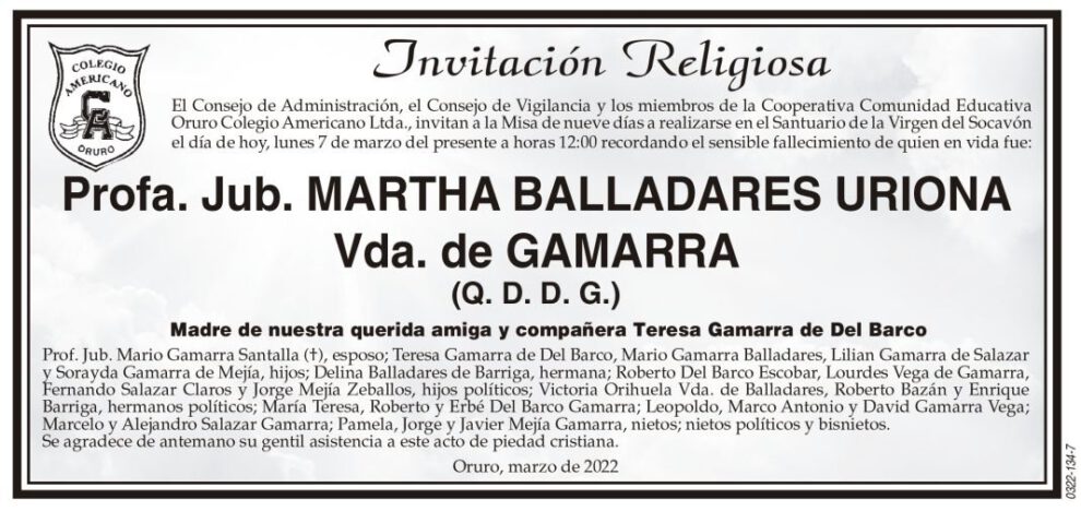 Invitación Religiosa para Martha Balladares Uriona