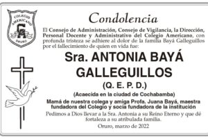 Condolencia por el fallecimiento de Sra. Antonia Bayá Galleguillos