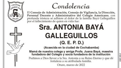 Condolencia por el fallecimiento de Sra. Antonia Bayá Galleguillos