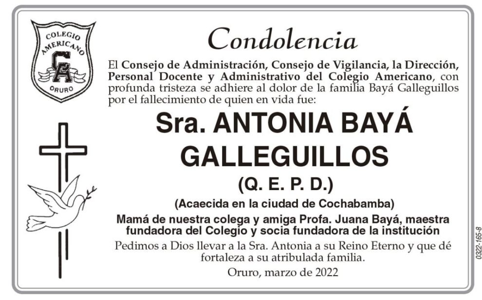 Condolencia por el fallecimiento de Sra. Antonia Bayá Galleguillos