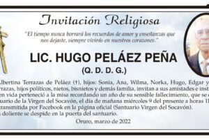 Invitación Religiosa para LIC. HUGO PELÁEZ PEÑA