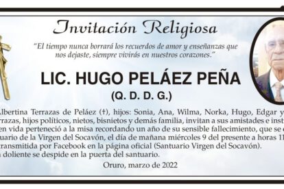 Invitación Religiosa para LIC. HUGO PELÁEZ PEÑA