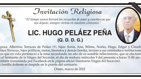 Invitación Religiosa para LIC. HUGO PELÁEZ PEÑA