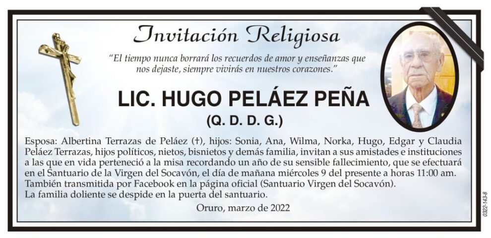 Invitación Religiosa para LIC. HUGO PELÁEZ PEÑA