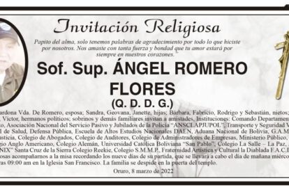 Invitación religiosa para la misa en memoria de Ángel Romero Flores
