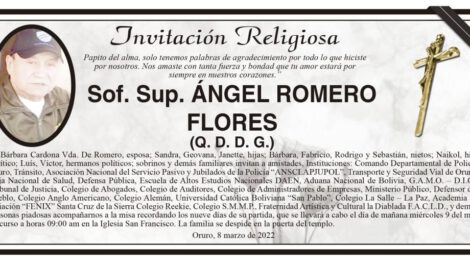 Invitación religiosa para la misa en memoria de Ángel Romero Flores
