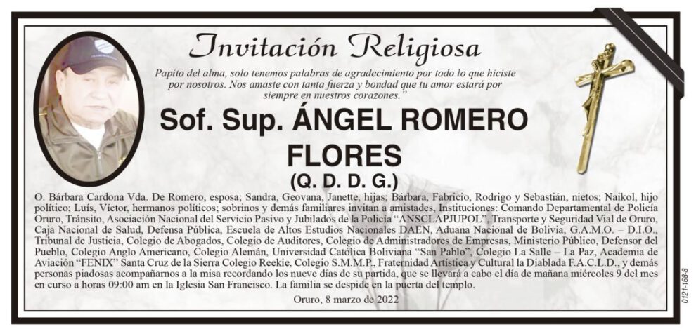 Invitación religiosa para la misa en memoria de Ángel Romero Flores